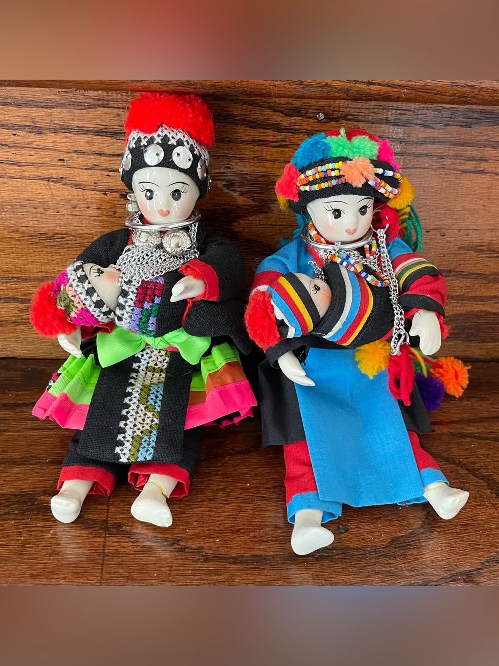 Stunning Hmong Porcelain Dolls  Traditional Dress Handmade Jewelry Mother & Baby